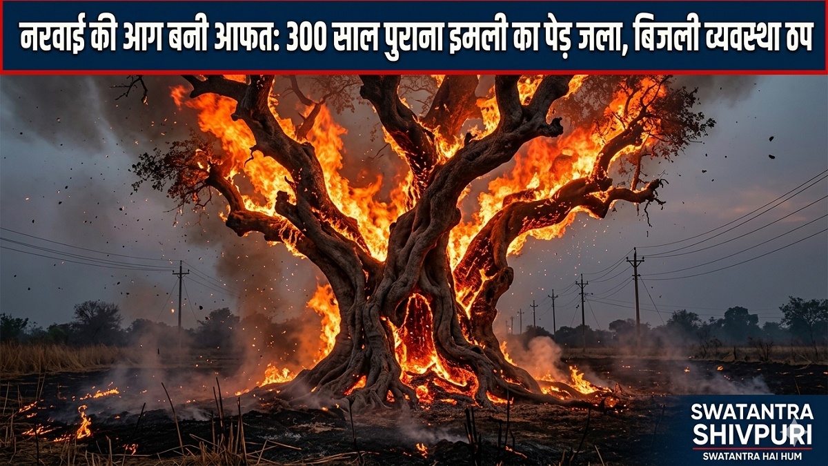 नरवाई की आग बनी आफत: 300 साल पुराना इमली का पेड़ जला, बिजली व्यवस्था ठप
